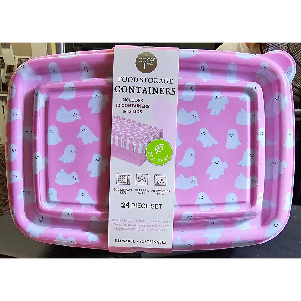 Core Kitchen 24pc Pink Ghost Halloween Plastic Storage Set Snap Lids BPA Free